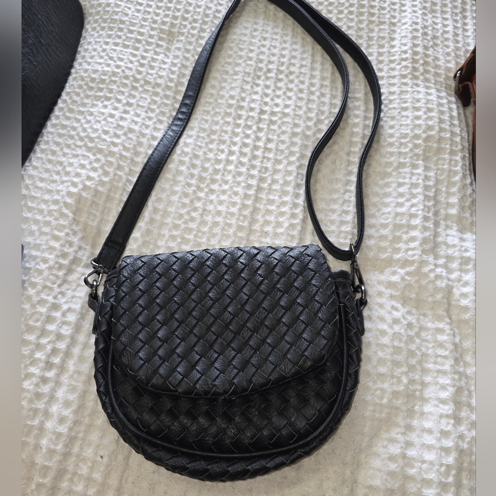 Petite Black Leather Woven Crossbody Bag